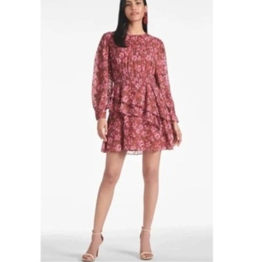 Sachin & Babi Women's Size Medium Meg Floral Ruffle Chiffon Mini Dress Bordbloom